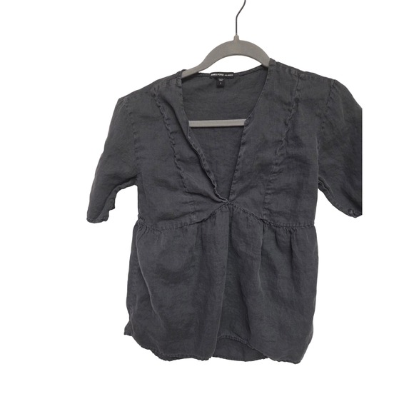 James Perse Los Angeles Linen Top Blouse Gray V Neck Short Sleeve - Picture 1 of 5